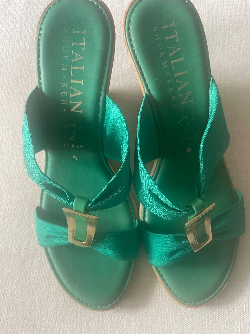 Italian Shoemakers Emerald Green Satin Slide Heels with Gold Buckle